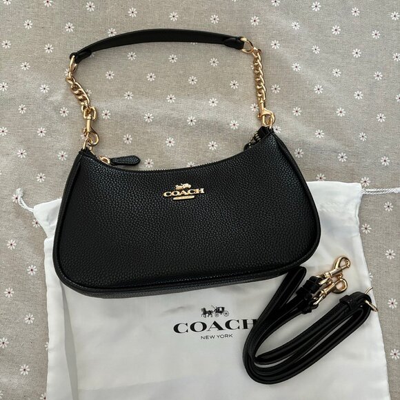Coach Leather Teri Shoulder Bag Black & Gold - Picture 1 of 6